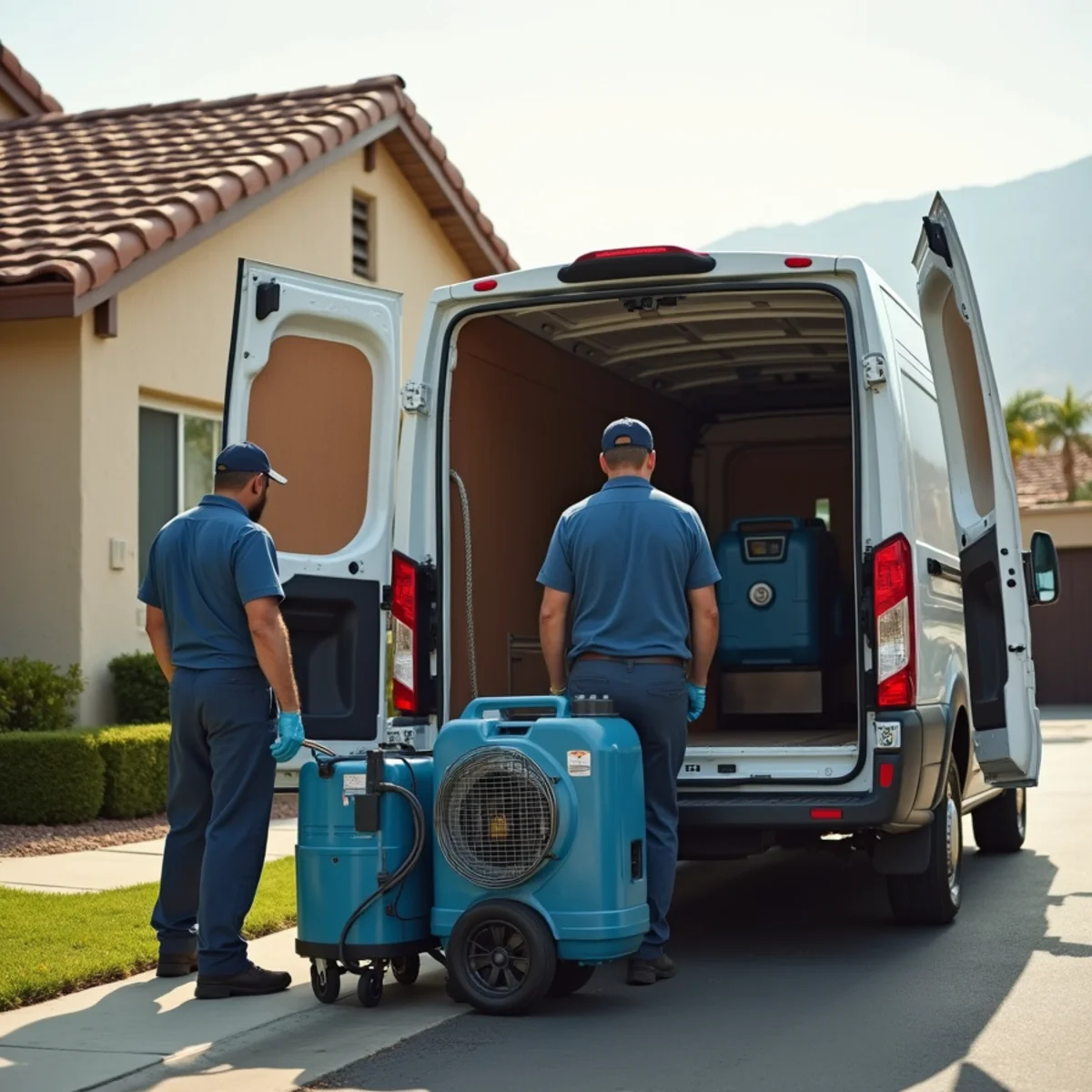 Water damage restoration crew responding at a San Bernardino County, CA home