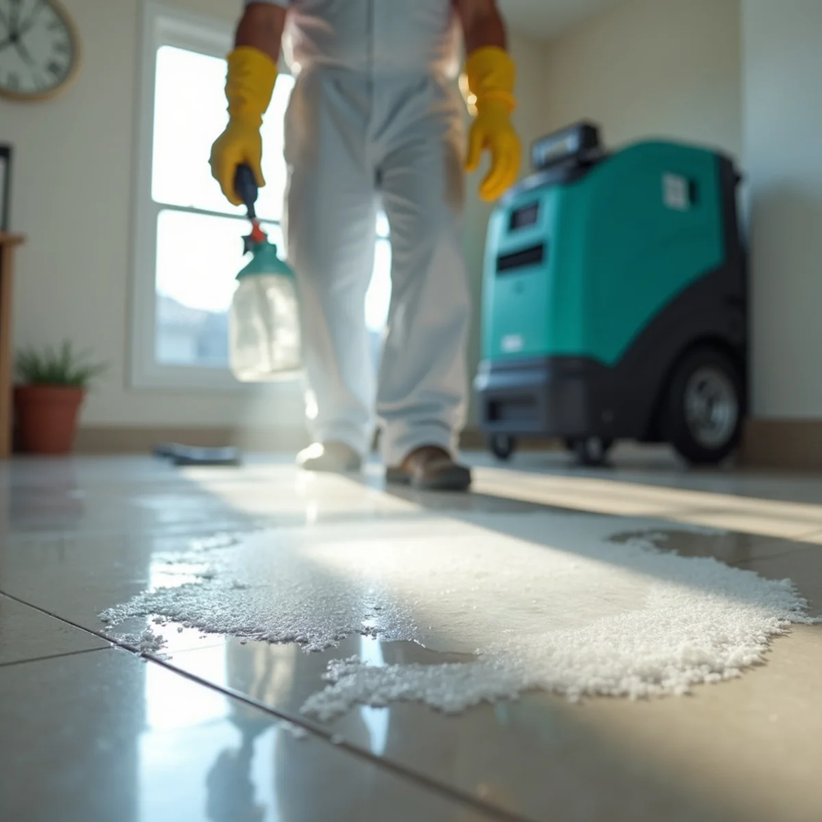 Technician in full PPE disinfecting after a sewage backup in a Chino Hills home