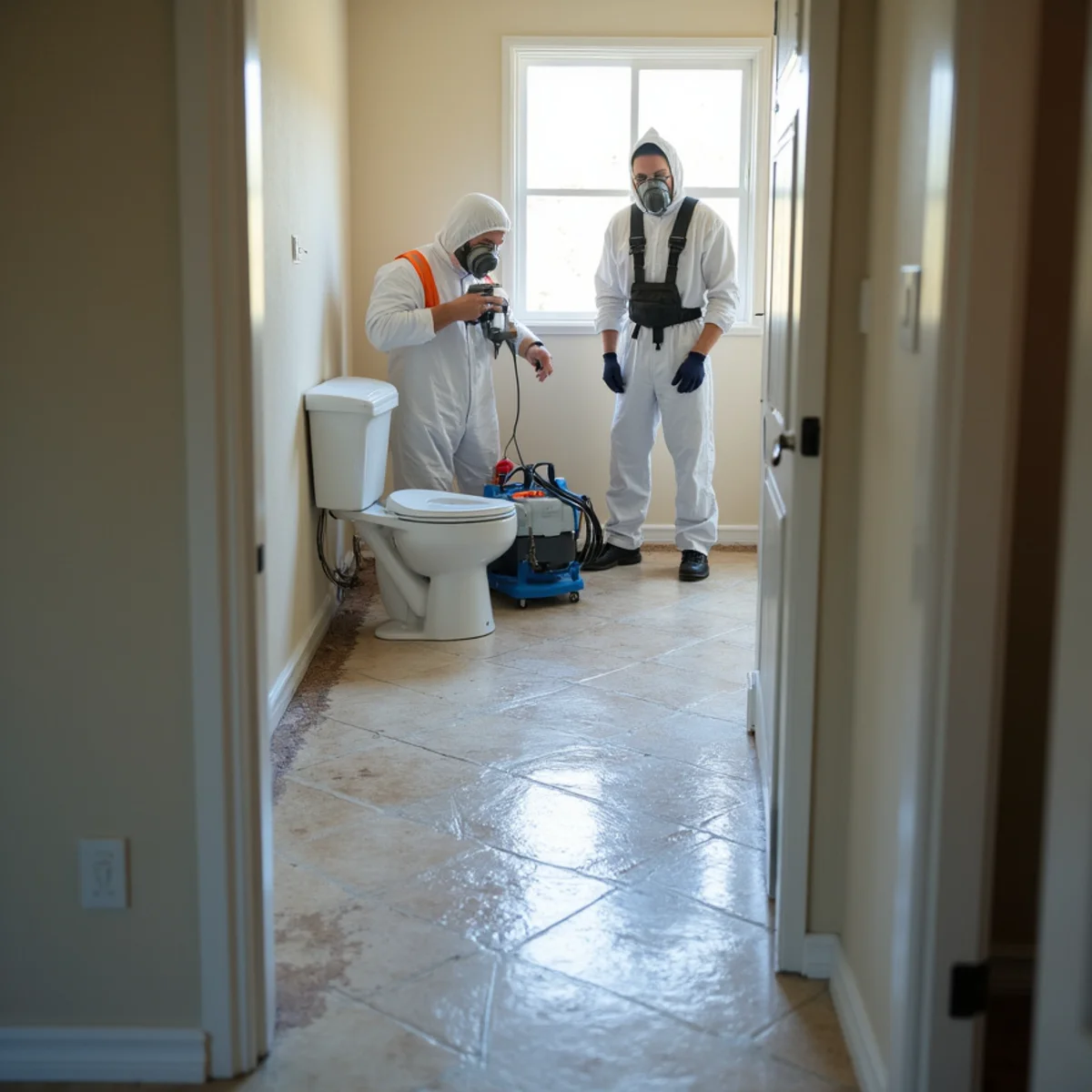 Technicians removing contaminated flooring after a sewage backup in a Chino Hills home
