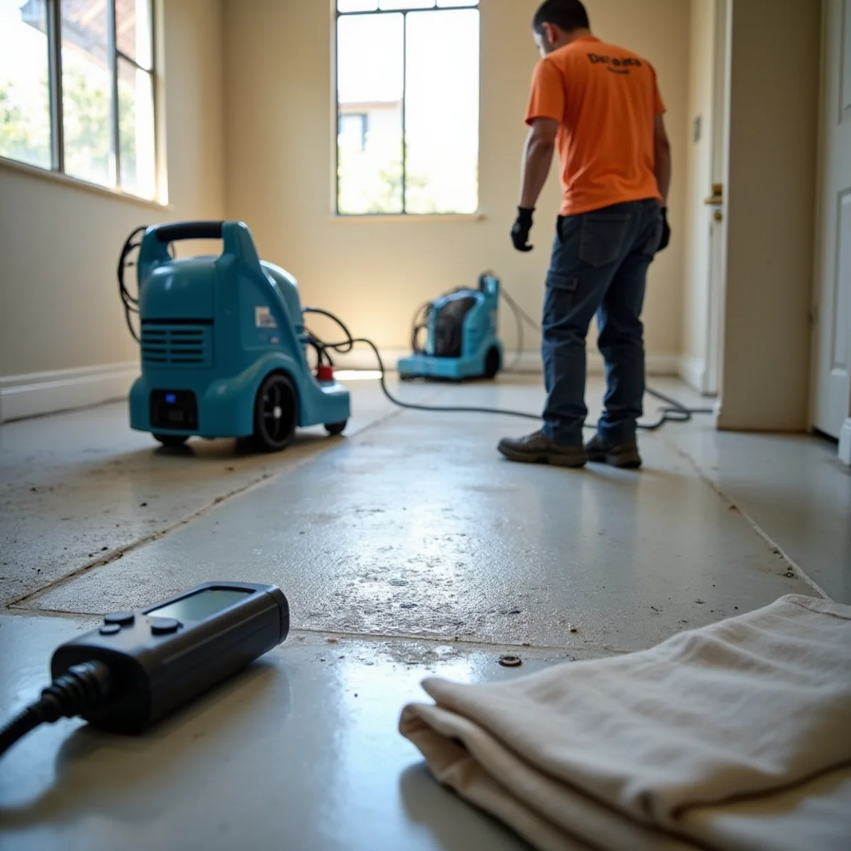 Drying equipment set over a concrete slab after a slab leak in a Chino Hills home