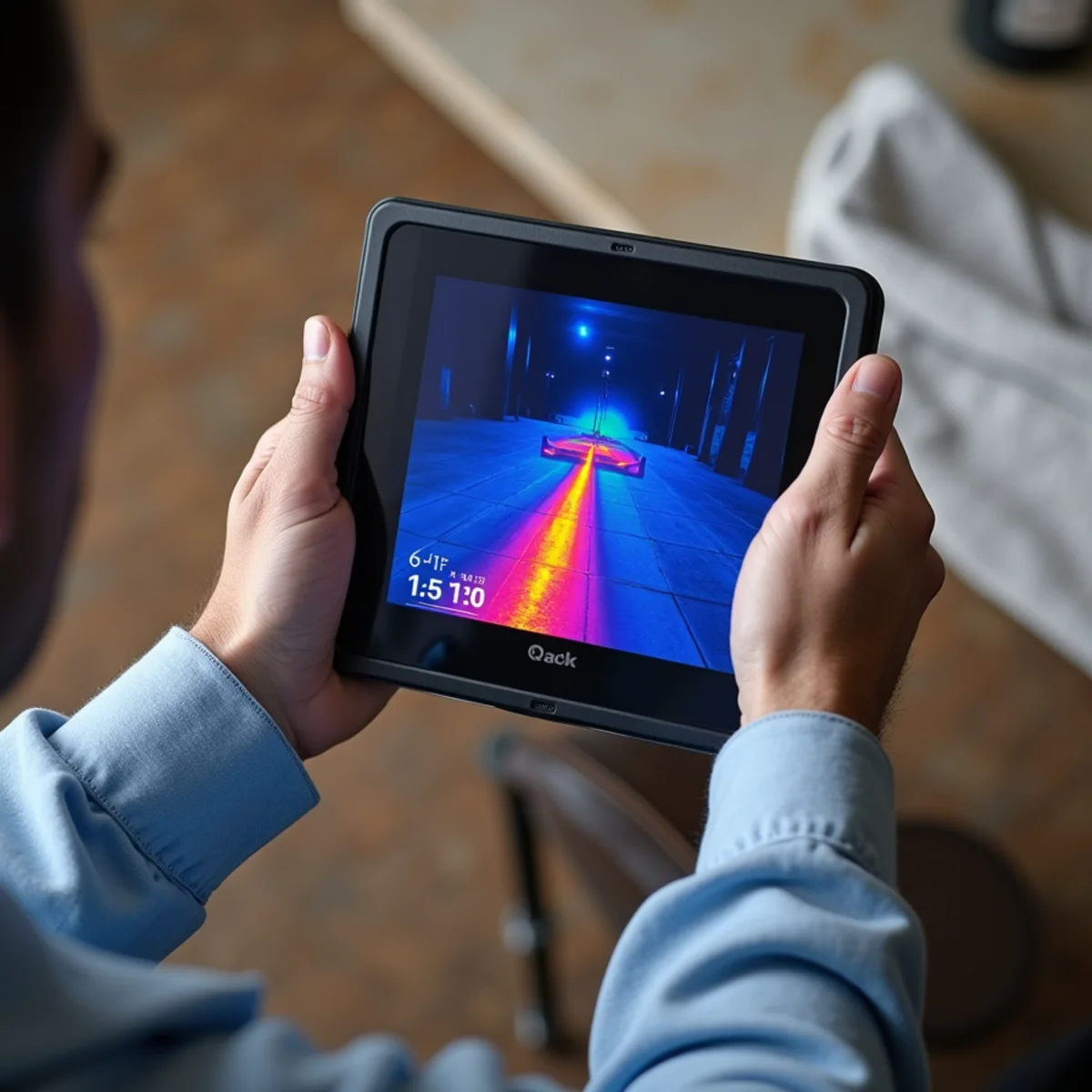 Thermal camera scanning a floor for a slab leak in a Chino Hills home