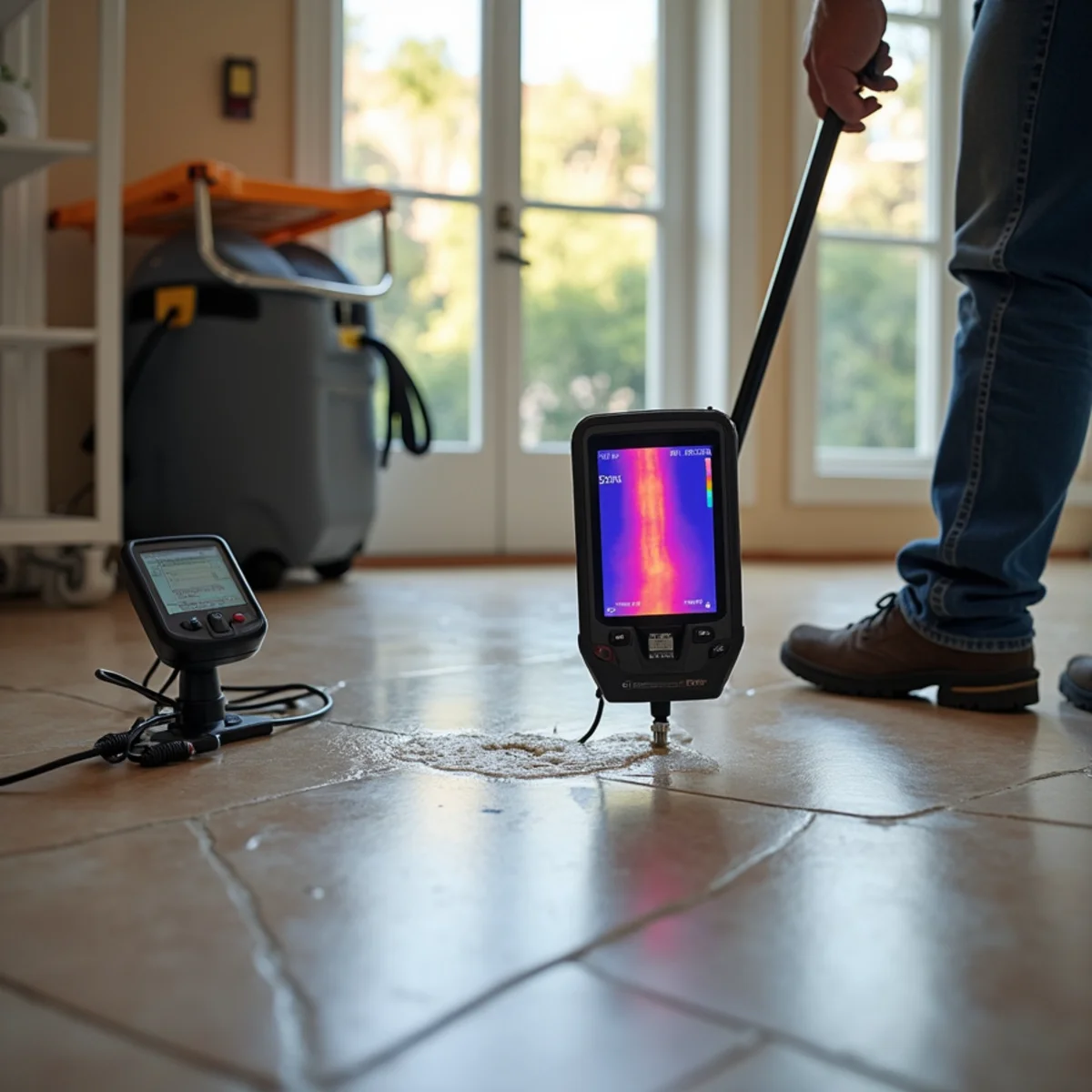 Technician inspecting flooring for a slab leak in a Chino Hills slab-on-grade home