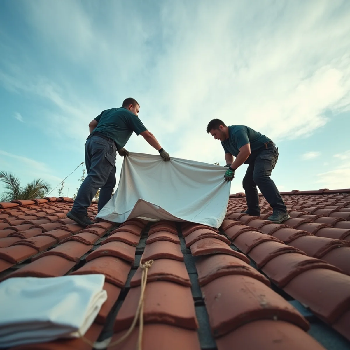 Crew tarping a storm-damaged roof on a Chino Hills home