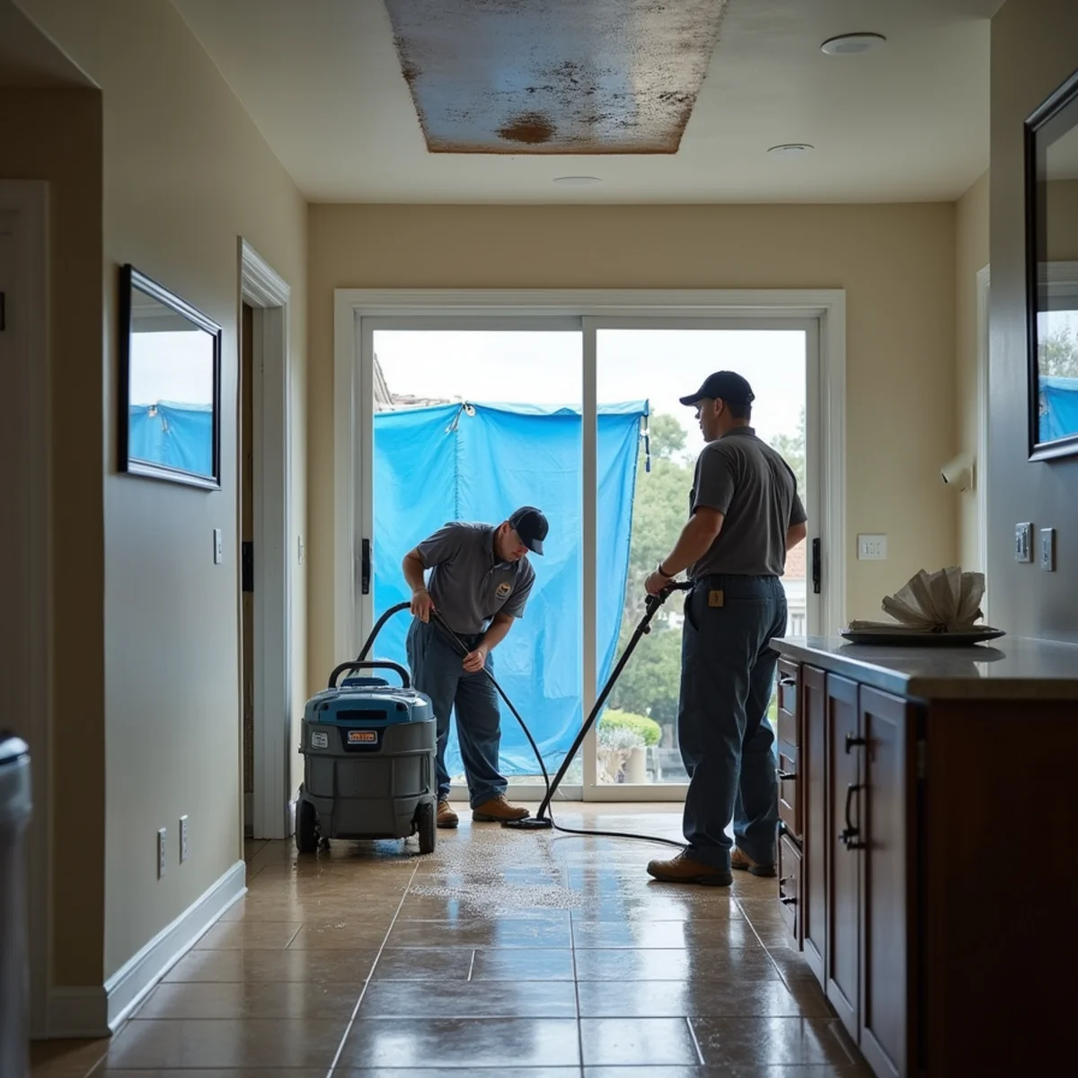 Crew cleaning up interior storm water damage in a Chino Hills home