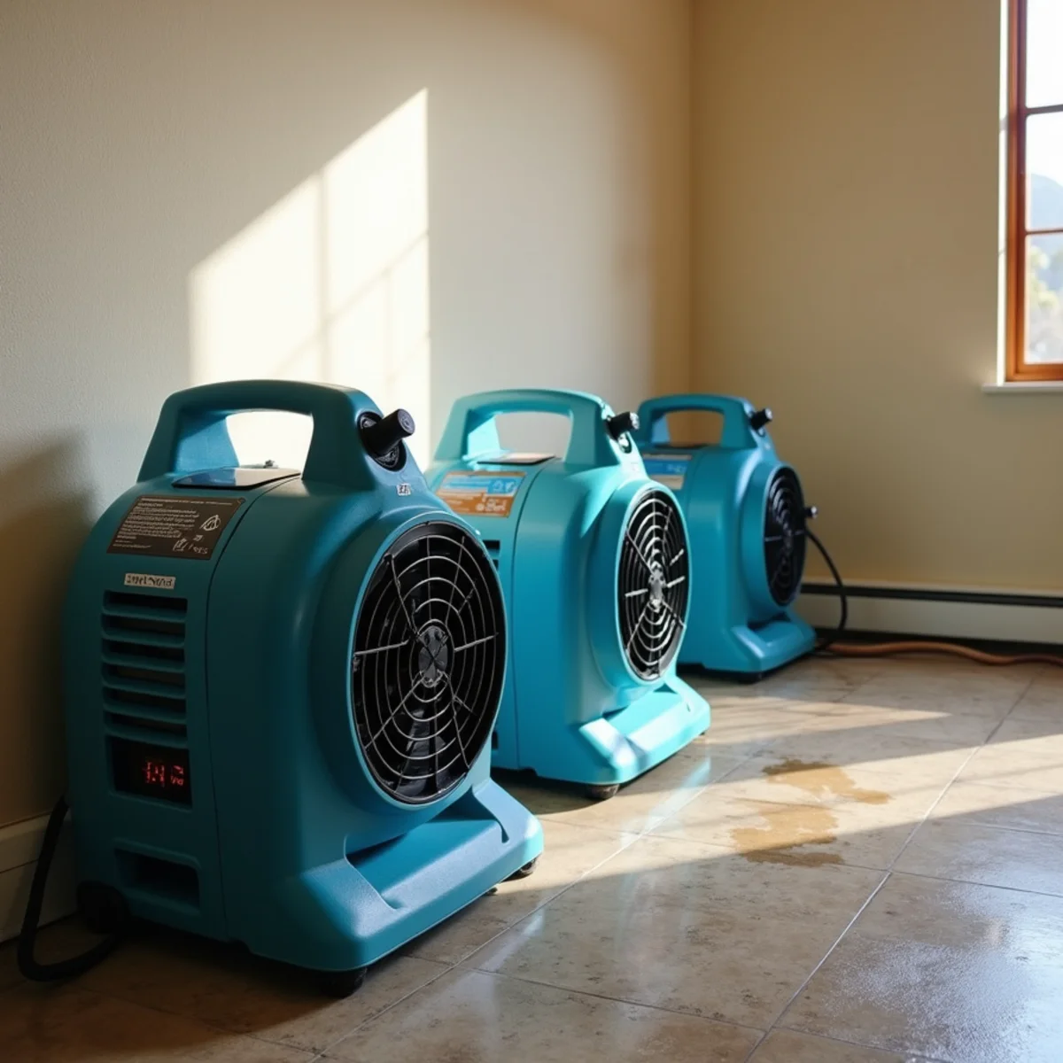 Air movers and an LGR dehumidifier drying a Chino Hills room to standard