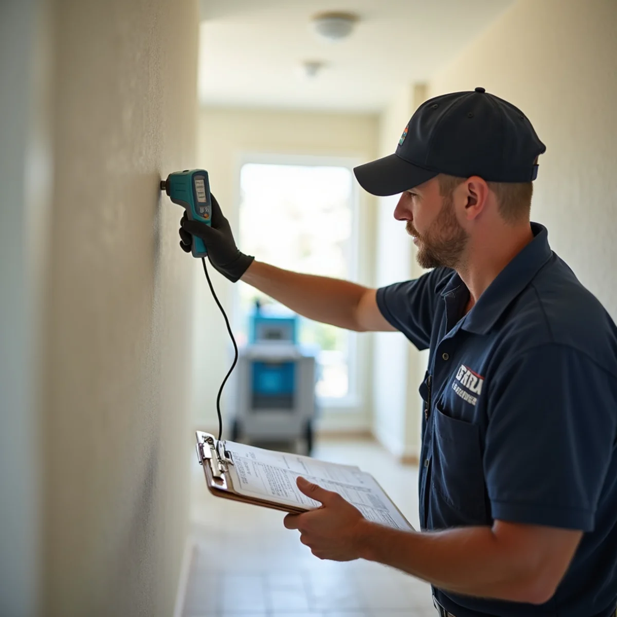 Technician logging a moisture-meter reading on a drywall wall in a Chino Hills home