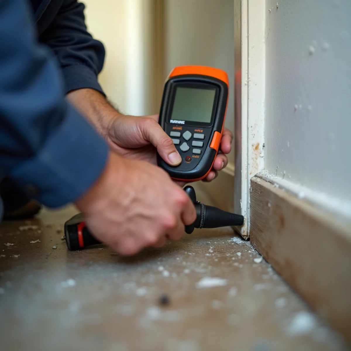 Restoration technician moisture-mapping a wet wall during water damage restoration in a Chino Hills home
