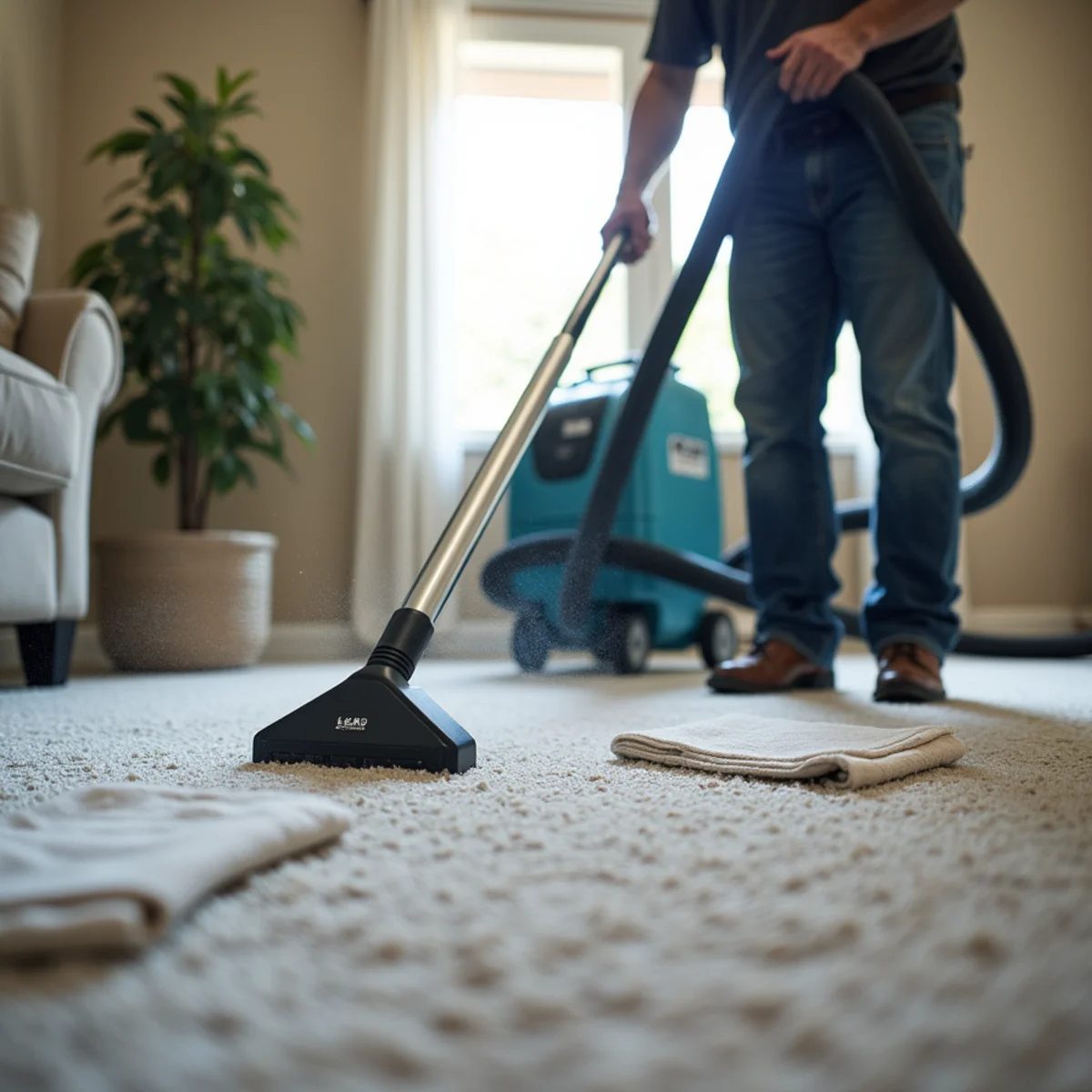 Technician extracting water from soaked carpet in a Chino Hills home