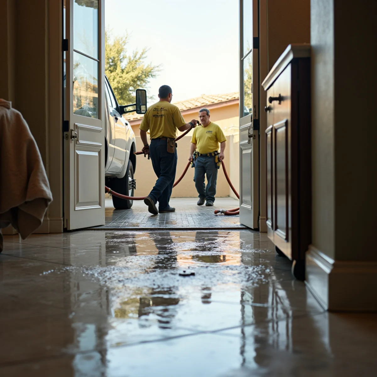 Truck-mounted water extraction pulling standing water from a flooded Chino Hills floor
