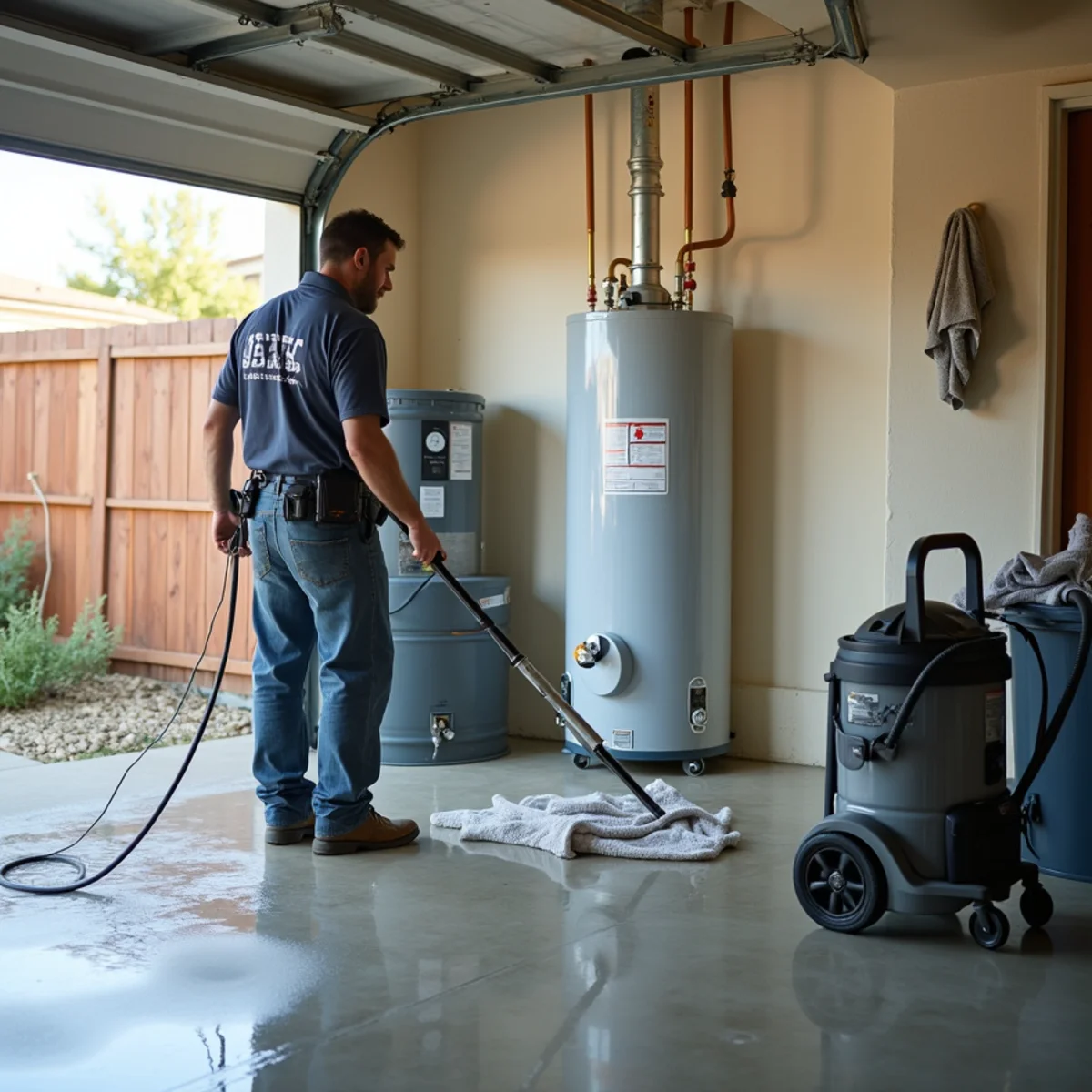 Drying a garage floor beside a leaking water heater in a Chino Hills home