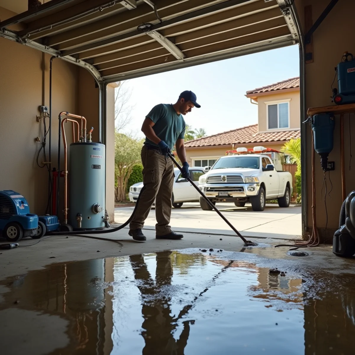 Leaking water heater flooding a garage floor in a Chino Hills home
